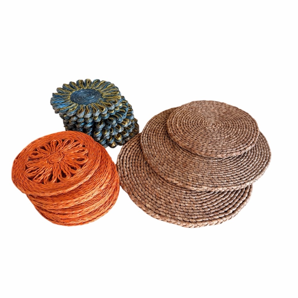Vintage coaster trivet hot pads boho hippie orange blue flowers rattan straw Lot